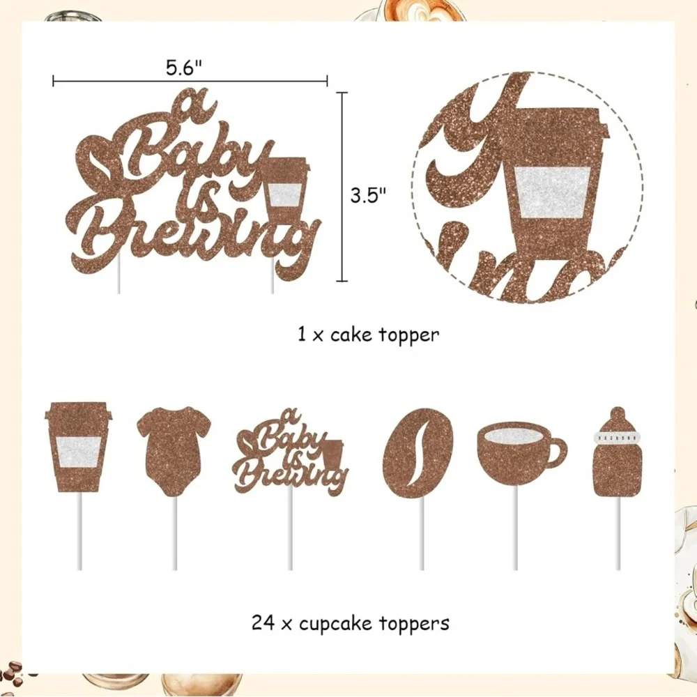 Coffee Theme Brown Glitter Cake Topper Set for Baby Showers